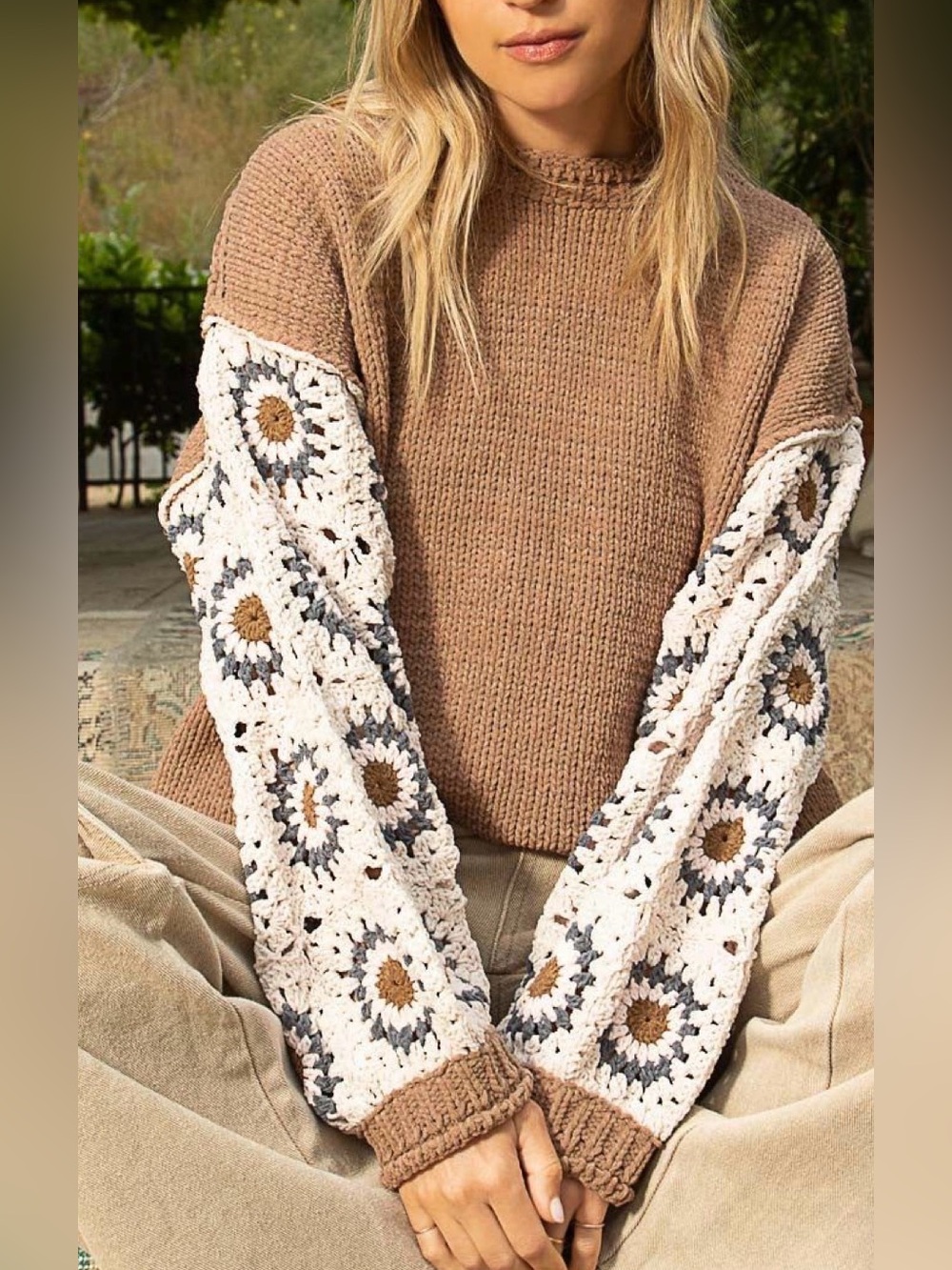 POL Clothing Chenille Knit Sweater Crochet Granny Square Balloon Sleeve Large